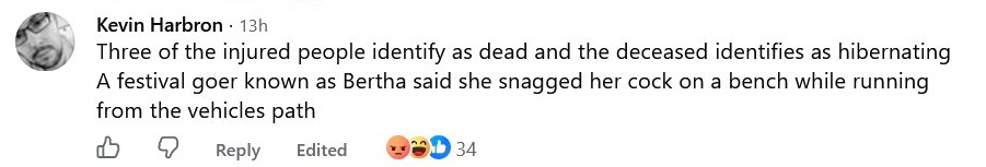Kevin Harbron: Three of the injured people identify as dead and the deceased identifies as hibernating. A festival goer known as Bertha said she snagged her cock on a bench while running from the vehicles path